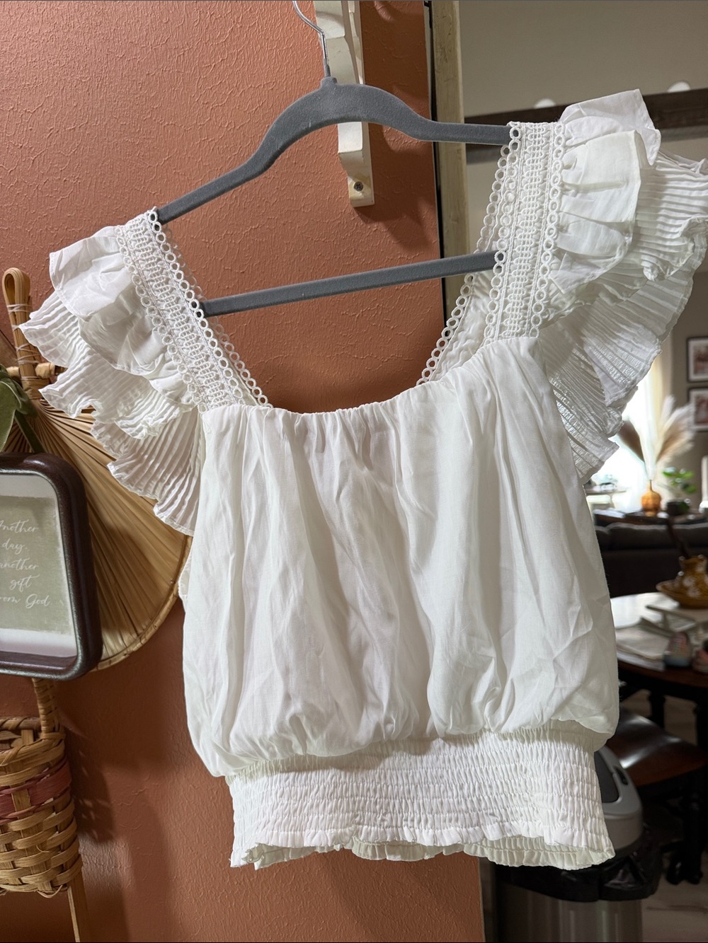 DO+BE White Ruffle Sleeve Smocked Waist Flutter Top